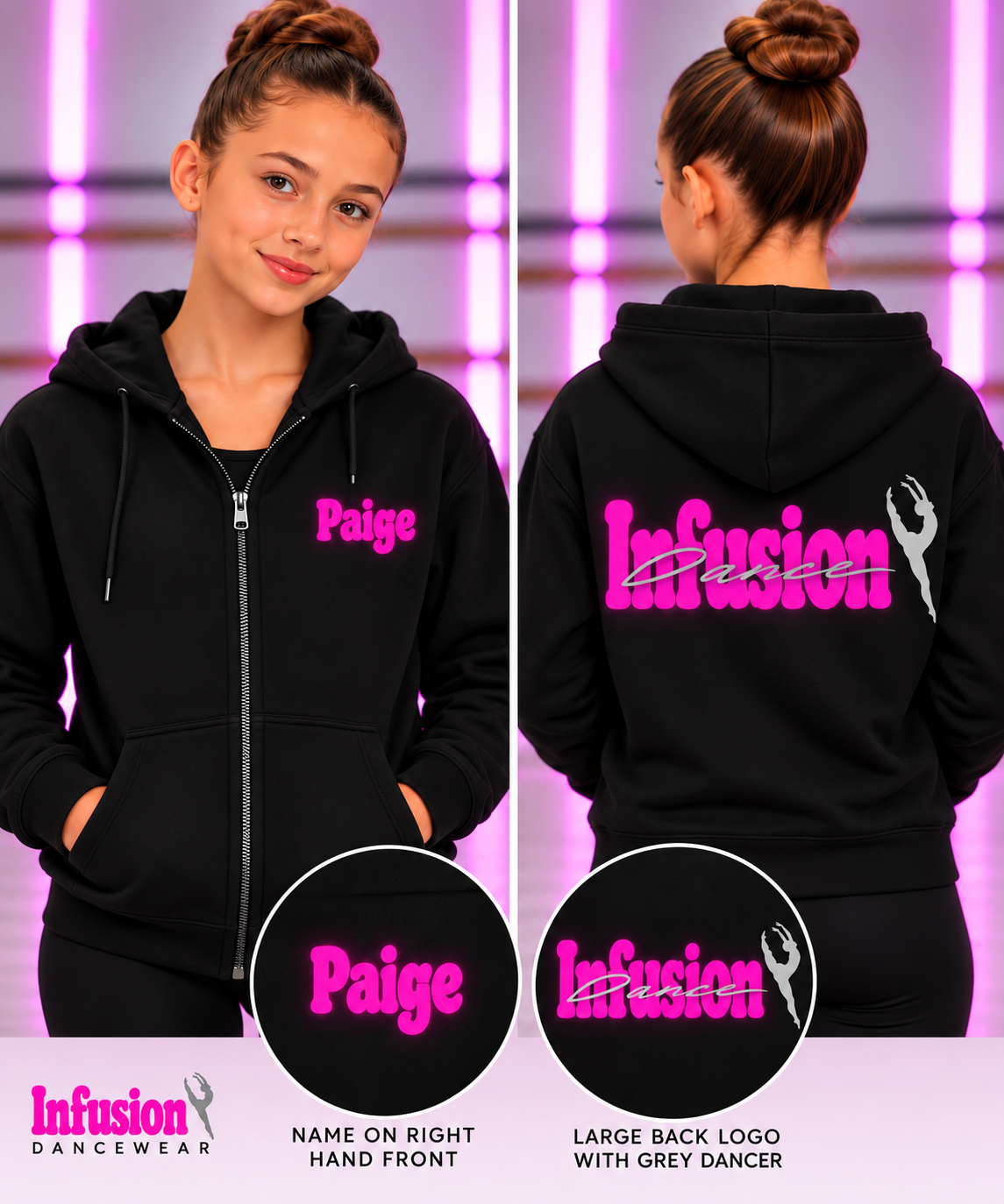 Infusion Dance Black Zipped Hoodie Personalised