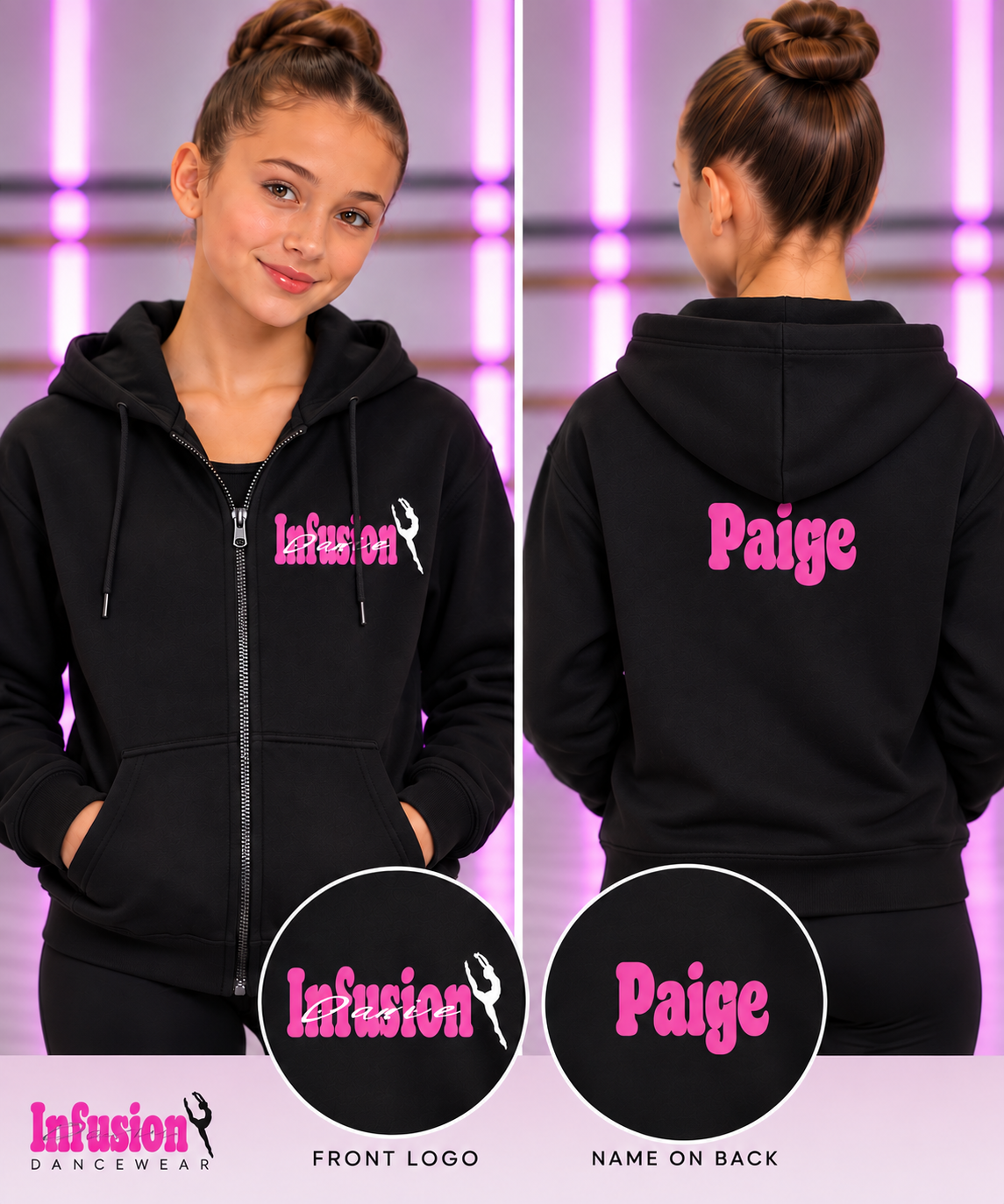 Infusion Dance Black Zipped Hoodie Personalised
